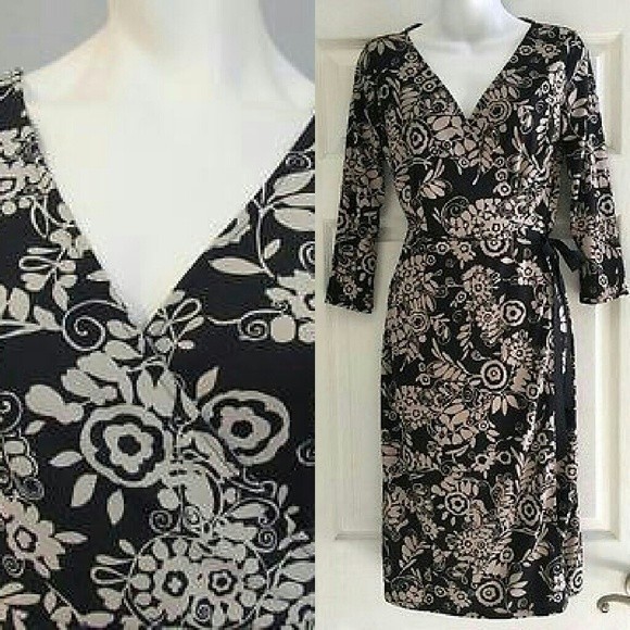 ANN TAYLOR WRAP DRESS Black Tan Floral LONG SLEEVE SZ 4 SMALL WOMENS NWOT - Picture 5 of 5